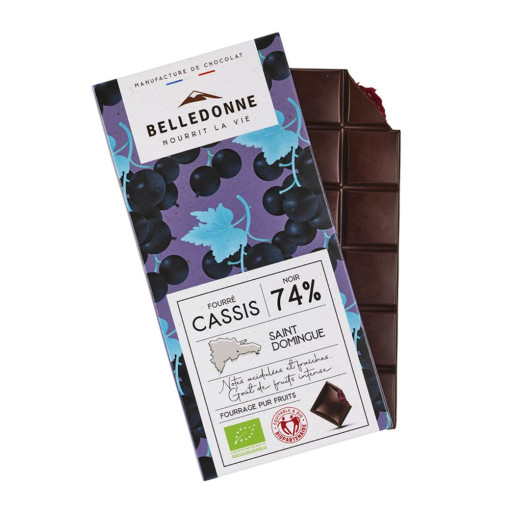 Tablette de chocolat noir 74% fourrée cassis Grand Cru BIO 80g